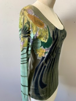Womens, Pullover, AOYAMA ITCHOME, Olive Green, Black, Mint Green, Green, Yellow, Lyocell, Cotton, Abstract , Floral, M, Wide Neck, Long Sleeves,
