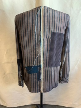 BY WALLID, Tan Brown, Black, Dk Brown, Dk Blue, Beige, Silk, Stripes, Patchwork, No Collar Attached, Button Front, Long Sleeves, Frayed Button Placket and Down Front