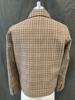 SANDRO, Tan Brown, Lt Brown, Black, Polyester, Cotton, Plaid, Zip Front Collar Attached, 2 Pockets, Long Sleeves, Snap Cuff