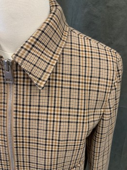 SANDRO, Tan Brown, Lt Brown, Black, Polyester, Cotton, Plaid, Zip Front Collar Attached, 2 Pockets, Long Sleeves, Snap Cuff