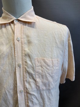 Mens, Casual Shirt,  SAKS FIFTH AVE, Lt Orange, Linen, Solid, L, S/S, Button Front, Collar Attached, Chest Pocket