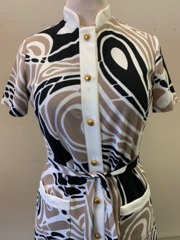 Forever Young, White, Black, Tan Brown, Polyester, Abstract , S/S. Stand Collar, Button Front, Gold Buttons, Top Pockets, with Waist Belt