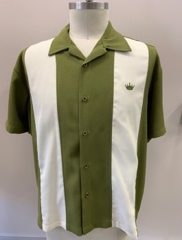 Mens, Casual Shirt, STEADY, Avocado Green, Ivory White, Polyester, Color Blocking, XL, Button Front, S/S, C.A., Crepe