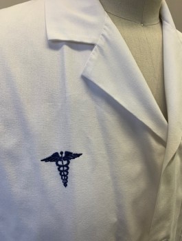 Unisex, Lab Coat Unisex, META, White, Polyester, Cotton, Solid, L, Long Sleeves, Notched Collar, 5 Buttons, Navy Medical Symbol Embroidered at Chest, 3 Patch Pockets