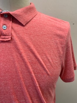 TOPMAN, Salmon Pink, Poly/Cotton, Viscose, Heathered, Solid, Collar Attached, 2 Button Half Placket, Short Sleeves