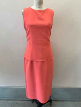 LAFAYETTE 148, Coral Orange, Acetate, Polyester, Solid, Sleeveless, Crew Neck, Pleated Back, Waist Tie, Back Zip,