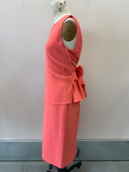 LAFAYETTE 148, Coral Orange, Acetate, Polyester, Solid, Sleeveless, Crew Neck, Pleated Back, Waist Tie, Back Zip,
