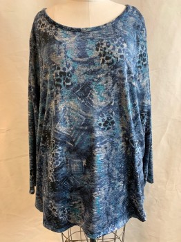 Womens, Top, BASIC EDITIONS, Gray, Dk Blue, Aqua Blue, Black, Polyester, Spandex, Animal Print, Geometric, 3X, Jersey Fabric, Scoop Neckline, Long Sleeves, Leopard Print, Abstract Shapes