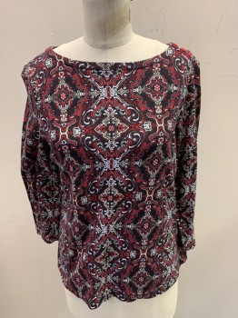 Womens, Top, CHARTER CLUB, Black, Red, White, Cotton, Abstract , S, L/S, CN, 3 Buttons at Shoulder