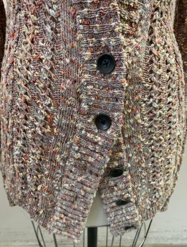 RAG & BONE, Multi-color, Synthetic, Speckled, L/S, Button Front, 5 Metal Buttons, Variegated Yarn, Slubs, Large Knotted Knit