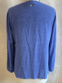 Womens, Blouse, ANNE KLEIN, Blue, Navy Blue, Silk, Dots, L, Band Collar,  V-N, L/S with Elastic, Side Slits
