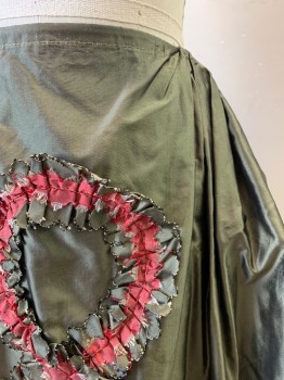 MTO, Sage Green, Black, Coral Orange, Silk, Synthetic, Solid, 1700s, UNDER SKIRT, Sage Green Front, Black Back, Sage and Coral Ruffle Circles Down Front, Tie Back,