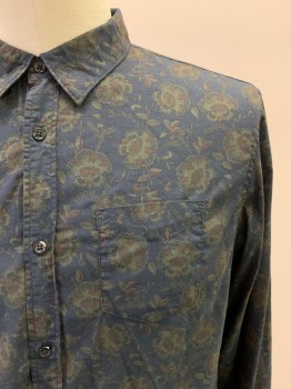 Mens, Casual Shirt, ALL SAINTS, Navy Blue, Putty/Khaki Gray, Red Burgundy, Cotton, Floral, XL, L/S, Button Front, Collar Attached, Chest Pocket