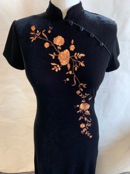 Womens, Evening Gown, ARIANNA, Black, Bronze Metallic, Polyester, Spandex, Floral, Solid, 10 , Velvet/Satin Fabric, Mandarin Collar, S/S, Asian Inspired, 4 Buttons, Embroidered Flowers, Zipper At Back Slit At Side