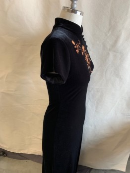 Womens, Evening Gown, ARIANNA, Black, Bronze Metallic, Polyester, Spandex, Floral, Solid, 10 , Velvet/Satin Fabric, Mandarin Collar, S/S, Asian Inspired, 4 Buttons, Embroidered Flowers, Zipper At Back Slit At Side