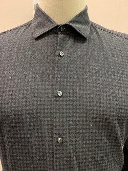 Mens, Casual Shirt, HUGO BOSS, Black, Charcoal Gray, Cotton, Check , 44, 17.5, L/S, Button Front, Collar Attached