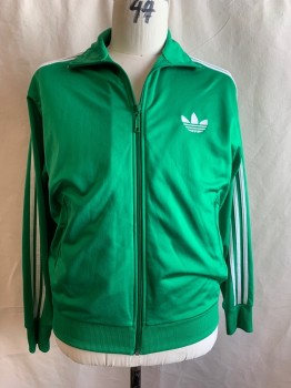 Mens, Athleisure, Jacket, ADIDAS, Kelly Green, White, Polyester, Solid, Stripes, L, Green with 3 White Stripe, 2 Zip Pockets, Zip Front