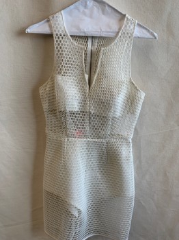 Womens, Cocktail Dress, Re Named, White, Polyester, Solid, Small, Sleeveless, Woven Hole Pattern, Zip Back,