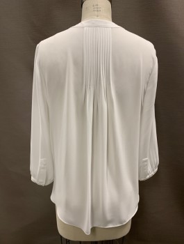 NYDJ, White, Polyester, Solid, Button Front, 3/4 Sleeves, No Collar, V-N, Pleats At Back Neck, Light Gathers At Shoulder, Multiples
