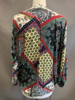 Womens, Top, NL, Multi-color, Black, Cream, Polyester, Paisley/Swirls, Patchwork, XL, Open Front, Dolman Sleeves, Elastic Cuffs, Bolero Style