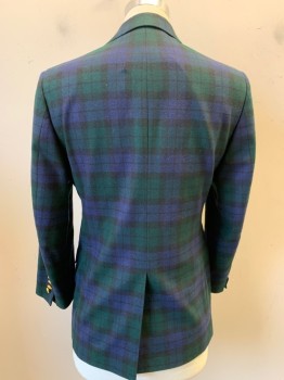 Mens, Sportcoat/Blazer, BROOKS BROTHERS, Navy Blue, Forest Green, Black, Wool, Plaid, 36S, Single Breasted, Notched Lapel, 2 Buttons, 3 Pockets