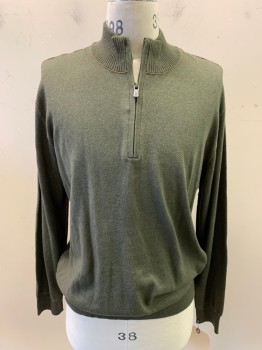 Mens, Pullover Sweater, ORVIS, Olive Green, Cotton, Cashmere, Solid, M, Zip Placket, Fine Tan Knit Detail Striping