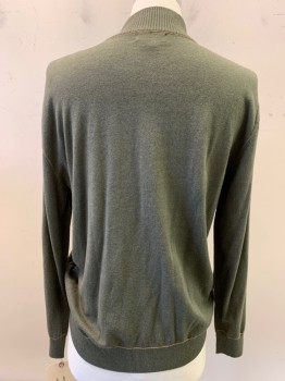 Mens, Pullover Sweater, ORVIS, Olive Green, Cotton, Cashmere, Solid, M, Zip Placket, Fine Tan Knit Detail Striping