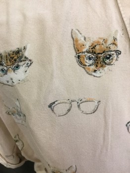 JAPNA, Lt Beige, Multi-color, Viscose, Novelty Pattern, B.F., C.A., S/S, Cropped and Boxy, Cats and Glasses Print, 1 Pocket,