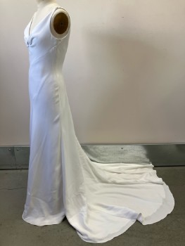 GALINA, White, Polyester, Solid, Draped V Neck With Diamond Brooch, Sleeveless With Diamond Link On Straps, Vertical Seam, Back Zip, With Train