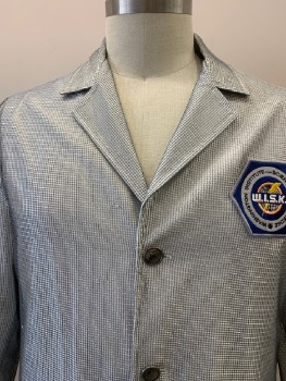 Mens, Coat, NL, Silver, Synthetic, C: 44, White & Black Windowpane Mesh, C.A., Single Breasted, B.F., 2 Pckts, "Washington Institute For Science And Knowledge" Blue Breast Patch, Belted Back, Multiples