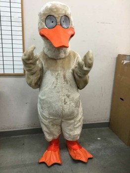 Unisex, Walkabout, MARYLEN, Champagne, Orange, White, Faux Fur, Polyester, Solid, Ch 38, Small, DUCK 5 Pc Suit, Long Sleeves, Velcro Back, Orange Stretch Ankles W/ Wht Straps. Fits to 5' 6"  Exterior Measurements Chest: 56" W: 58", Body, Head, Hands, Feet, Hood