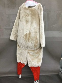 MARYLEN, Champagne, Orange, White, Faux Fur, Polyester, Solid, DUCK 5 Pc Suit, Long Sleeves, Velcro Back, Orange Stretch Ankles W/ Wht Straps. Fits to 5' 6"  Exterior Measurements Chest: 56" W: 58", Body, Head, Hands, Feet, Hood