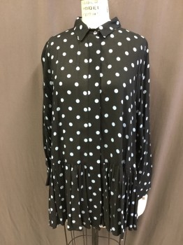 ZARA, Black, Lt Blue, Rayon, Polka Dots, Concealed Button Front Placket, Collar Attached, Long Sleeves with Button Cuffs, Long Ruffle Hem