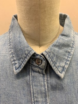 RAILS, Denim Blue, Cotton, Solid, Chambray, Long Sleeve Button Front, Collar Attached, 1 Patch Pocket,  Frayed Raw Hem, **Has Wear and Tear at Back Seam