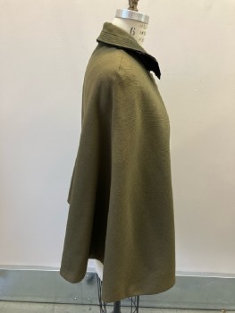 Womens, Cape 1890s-1910s, NO LABEL, Olive Green, Black, Wool, Solid, 0/S, Stitched Collar with Black Bow At CF Neck, Hook & Eyes Closure, Aged