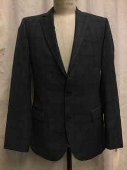 Mens, Suit, Jacket, HUGO BOSS, Heather Gray, Black, Wool, Viscose, Plaid, 40 R, Heather Gray with Black Plaid, Notched Lapel, 2 Buttons,
