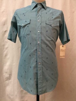 Mens, Western, RUNNING, Dusty Blue, Navy Blue, Polyester, Cotton, Novelty Pattern, 15, Dusty Blue, Navy Novelty Diamond Print, Snap Front, Collar Attached, Short Sleeves, 2 Flap Pockets