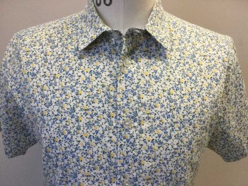 RVCA, White, Periwinkle Blue, Green, Yellow, Cotton, Floral, White W/small Periwinkle, Green, Yellow Floral Print, Collar Attached, Button Front, 1 Pocket, Short Sleeves,