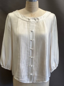 VERA WANG, Cream, Silk, Solid, Silk Faille, Scoop Neck Collar Band with Covered Buttons Center Front, 3/4 Sleeves. Tuck Pleat Detail At Front and Back