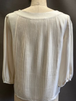 VERA WANG, Cream, Silk, Solid, Silk Faille, Scoop Neck Collar Band with Covered Buttons Center Front, 3/4 Sleeves. Tuck Pleat Detail At Front and Back