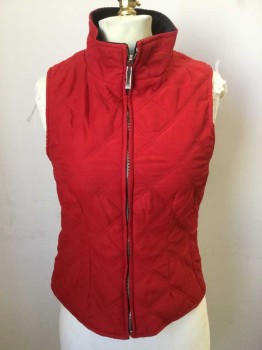 Womens, Vest, N/L, Red, Polyester, Diamonds, S, Diamond Quilt W/black Trim Inside, (no Lining) Collar Attached, Zip Front,