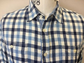 J.A.C.H.S SHIRT CO, Off White, Navy Blue, Lt Blue, Cotton, Check , Plaid-  Windowpane, Off White/light Blue Checks W/navy, Heather Gray Window Pane Plaid, Collar Attached, 2 Pockets, Long Sleeves,