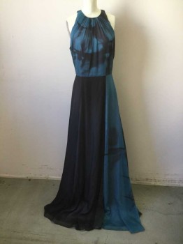 Womens, Evening Gown, HALSTON, Teal Green, Black, Synthetic, Abstract , 2, Sleeveless, Sheer Abstract Over Black Lining, Overlay Gathered at Neck, Back Zip, Floor Length Hem, Front High Leg Slit, Panelled Skirt (Some Solid Black Overlay and Other Panels Abstract Pattern), Double