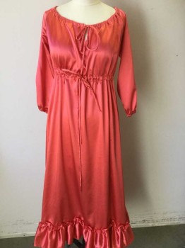 Womens, Historical Fiction Dress, N/L, Coral Pink, Polyester, Solid, W27-32, B:36, Reproduction Early 1800s/Regency, Poly Satin, Scoop Neck with Drawstring Ties, Drawstring Empire Waist, Long Sleeves, Elastic Cuffs, Ruffle at Hem, Floor Length Hem