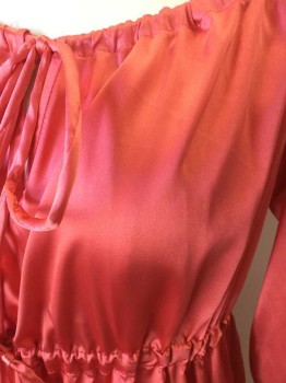 Womens, Historical Fiction Dress, N/L, Coral Pink, Polyester, Solid, W27-32, B:36, Reproduction Early 1800s/Regency, Poly Satin, Scoop Neck with Drawstring Ties, Drawstring Empire Waist, Long Sleeves, Elastic Cuffs, Ruffle at Hem, Floor Length Hem