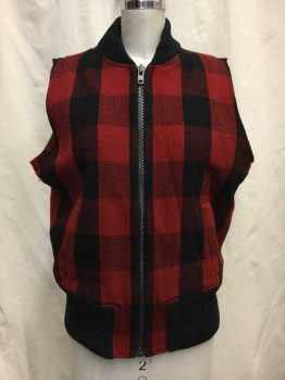 Womens, Vest, MADEWELL, Red, Black, Wool, Polyester, Plaid, M, Red/black Plaid, Zip Front, Creme Faux Shearling