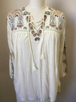 Womens, Top, LUCKY BRAND, Cream, Tan Brown, Pink, Sage Green, Lt Blue, Cotton, Native American/Southwestern , XL, Embroidered Southwestern Pattern, Long Sleeves, Pull Over, Lace Up Placket