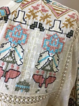 LUCKY BRAND, Cream, Tan Brown, Pink, Sage Green, Lt Blue, Cotton, Native American/Southwestern , Embroidered Southwestern Pattern, Long Sleeves, Pull Over, Lace Up Placket