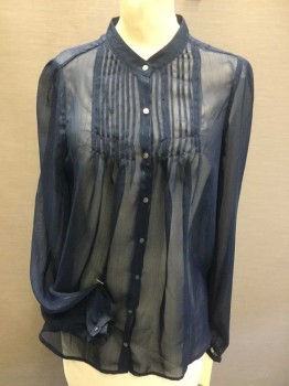 PATTERSON J. KINCADE, Navy Blue, Silver, Polyester, Stripes - Vertical , Sheer Navy with Fine Silver Vertical Line, Crew Neck with Trim, Pleats/Released  Front Center, Button Front, Long Sleeves,