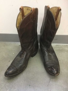 Mens, Cowboy Boots , TONY LAMA, Black, Brown, Leather, Solid, 17, Black Faded Into Brown in Spots, Very Worn, Tapered/Rounded Point Toe, 1.5" Heel